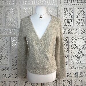 Dear John Wool Blend Beige Faux Wrap Sweater Sz S Boho Granola‎ Cozy Casual